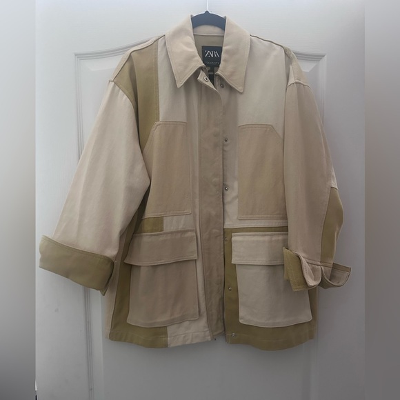 Zara Gabardine olive Cream Textured Jacket M - Picture 9 of 14